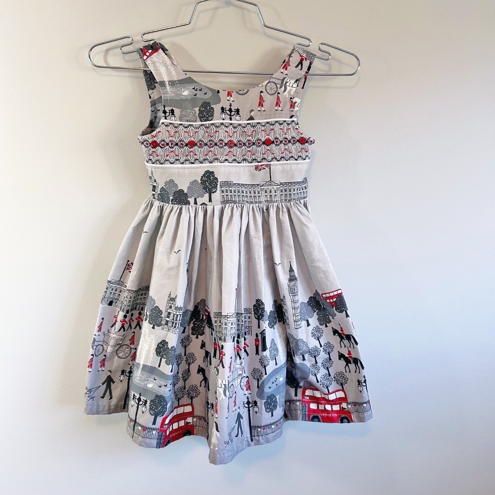 Handmade one of a kind girl's smocked dress, London Print